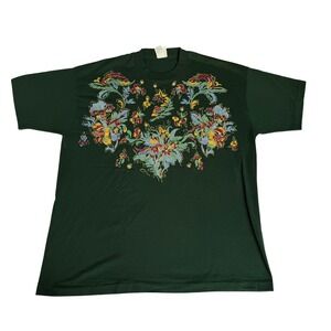 India Ink Woman Vintage Hand Painted Floral T-Shirt Green‎ Plus Size 1X USA Made